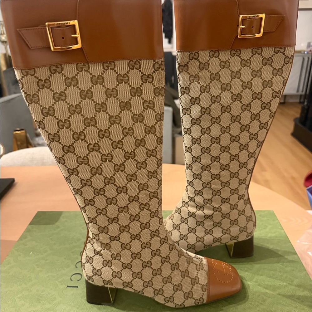 Gucci Tan & Brown GG Canvas Knee Boots with Leather Trim